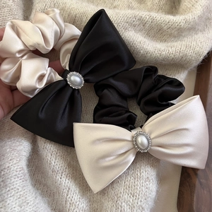 Eleganter Satin Schleife Haargummi Mit Imitierter Künstliche Perle Strass Französischer Retro Voluminöser Haargummi Für Damen