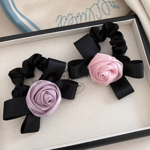 French Vintage Satin Scrunchie Large 3D Rose Flower Bow Hair Tie Elegant Ribbon Ponytail Holder Fashion Hair Accessories For Women