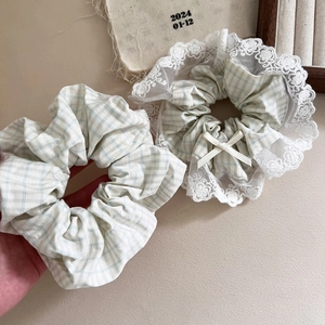 Set de chouchous à carreaux vert menthe avec dentelle blanche et nœud pour filles