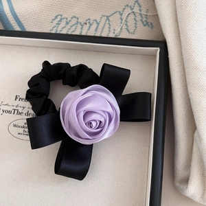 Elegant purple satin rose and black bow scrunchie for low ponytail hair accessory