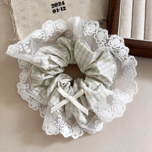 Chouchou À Carreaux Vert Menthe Avec Bord En Dentelle Et Nœud Frais Sucré Élastique Cheveux Femme Accessoires Cheveux