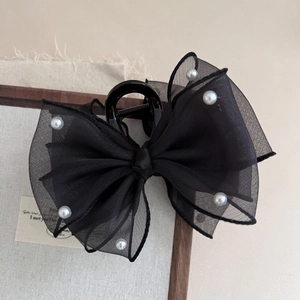 Large Mesh Bow Hair Claw Clip With Faux Artificial Pearls Elegant Organza Tulle Hair Accessory For Women Party Daily Hair Styling