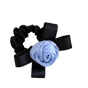 Elegant satin hair scrunchie with light blue 3D rose and long black ribbons for women