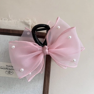 Elegant large pink mesh bow hair claw clip with white pearls for women's hairstyles