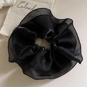 Élégant chouchou géant en organza noir à pois blancs pour coiffures de style français