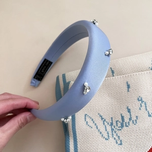 French style light blue satin padded headband decorated with pearls and crystals