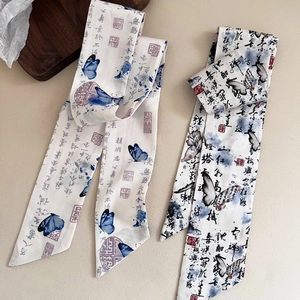 Vintage Chinese Style Butterfly Satin Hair Ribbon Scarf Elegant Calligraphy Print Hair Tie For Women Hair Accessories