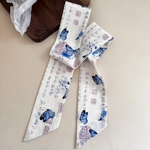 Vintage Chinese style hair ribbon with blue butterfly and calligraphy ink print on white silk