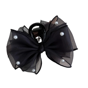 Elegant large black mesh bow hair claw clip with white pearl accents for women