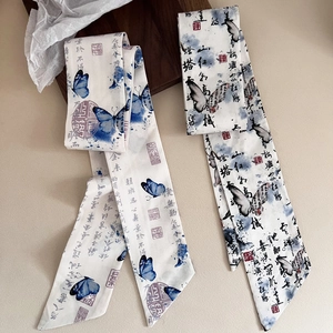 Vintage Chinese silk hair ribbon with blue ink butterfly and calligraphy design