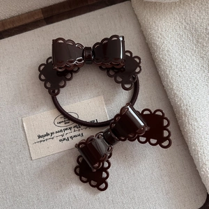 Elegant dark brown acetate lace bow hair ties set with premium hollow-out design