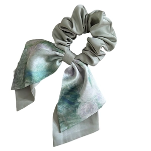 Elegant Morandi green satin scrunchie with Monet oil painting floral bow ribbon