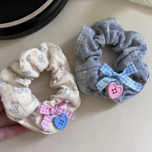 Cute knitted bear scrunchies set with plaid bows and heart buttons for girls