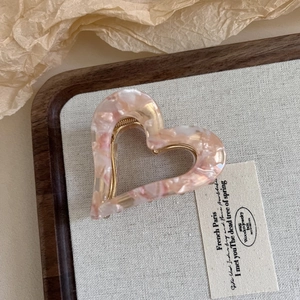 Pink marble acetate heart-shaped hair claw clip with gold metal spring for women