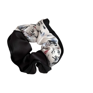 Vintage Chinese style scrunchie with black satin and calligraphy print fabric