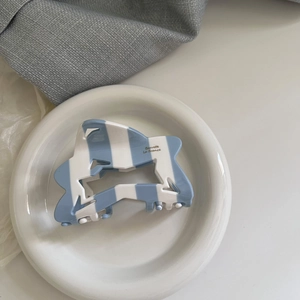 Detail of blue and white striped acetate hair claw clip with golden text engraving