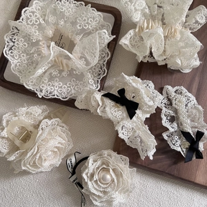 French Vintage Lace Scrunchie Bow Hair Clip Faux Artificial Pearl Flower Hair Claw Creamy White Elegant Hair Accessories For Women