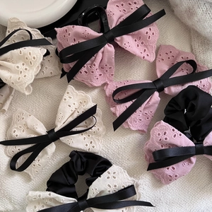 French Sweet Lace Bow Hair Clip Eyelet Embroidery Shark Clip Elegant Satin Ribbon Hair Tie Scrunchie For Women Accessories