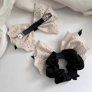 French style cream eyelet lace bow hair clip and handmade scrunchie hair accessory set