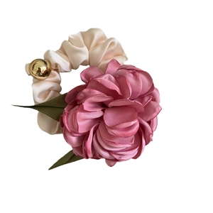 Romantic pink 3D camellia flower hair scrunchie with elegant leaves and gold bead accents