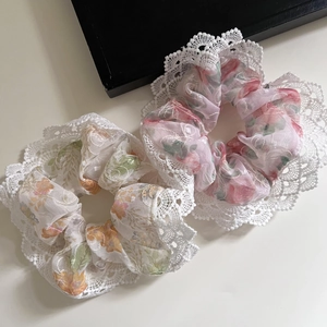 Chouchou En Mousseline Florale En Maille Style Français Avec Bord En Dentelle Blanche Élastique À Cheveux Pastoral Doux Pour Accessoires Cheveux Femme