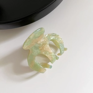 Detail of a small acetate pumpkin hair claw with green marble texture and golden lettering