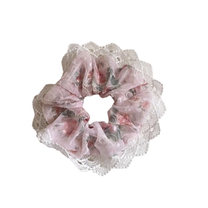 Chouchou floral en tulle à bordure dentelle style français pour coiffure élégante