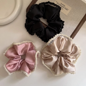 Elegant Satin Large Scrunchies With Faux Artificial Pearl Vintage French Style Pleated Hair Ties For Women Ponytail Elastic Hair Rope