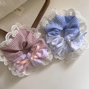 Sweet Korean Style Plaid Lace Scrunchie With Bowknot Faux Artificial Pearl Fabric Hair Tie For Women Girls Daily Hair Accessories