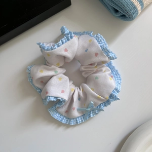 Sweet ballet style blue plaid hair scrunchie with colorful hearts and a ribbon bow
