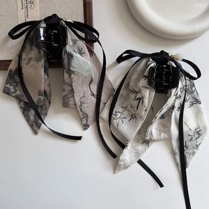 Elegant Chinese ink style hair claw clip with crane and bamboo printed silk ribbons