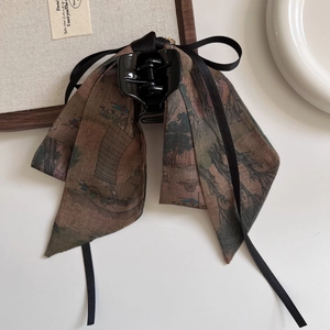 Classic Chinese ink landscape bow hair claw with elegant silk ribbon and hair jewelry