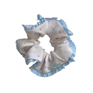 Sweet ballet style hair scrunchie with blue gingham lace edge and colorful heart pattern