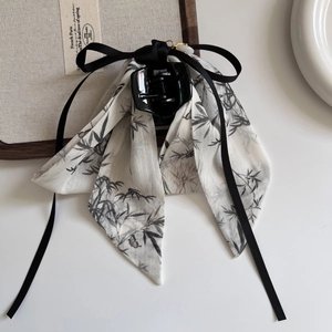 Ink wash ribbon hair claw clip with bamboo pattern and white jade bead detail