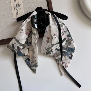 New Chinese Style Ink Wash Ribbon Bow Hair Claw Clip Retro Crane Bamboo Pattern Handmade Fabric Hair Accessories For Women