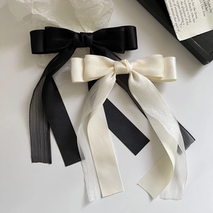 Elegant French style bow hair clip set in black and cream satin with sheer organza fabric