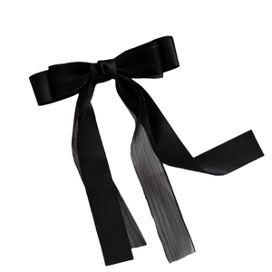 Elegant black satin and organza bow hair clip with layered mesh texture for women