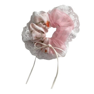 Floral tulle scrunchie with pink lace trim and white ribbon bow for women's hair accessories