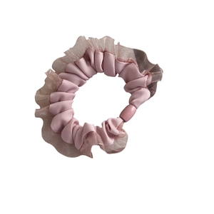 Pink satin hair scrunchie with sheer mesh lace border for high ponytail styles