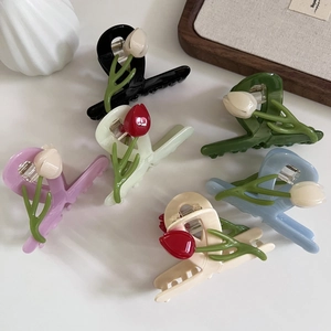 Elegant 3D tulip acetate hair claw clips set in six assorted colors for women