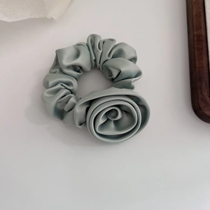 Elegant mint green silk scrunchie with 3D rose flower design for women ponytail