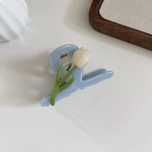 Blue tulip hair claw clip with elegant 3D flower design for French half-up hairstyles