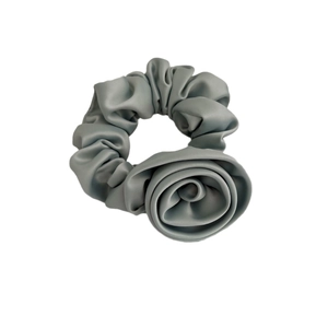 Elegant mint green silk scrunchie with a 3D fabric rose flower for ponytail styling
