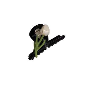 Elegant 3D tulip flower hair claw clip in black acetate for women's half-up hairstyles