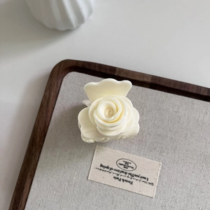 Vue détaillée d'une pince à cheveux rose en acétate blanc crème sculptée en 3D