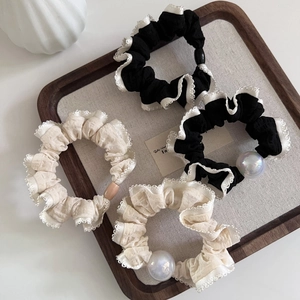 Korean Style Lace Edge Scrunchie With Artificial Pearl Pleated Fabric Hair Tie Elastic Hair Band Elegant Daily Hair Accessories For Women