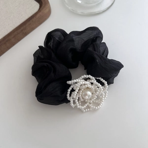 Elegante elastico per capelli in tulle nero con fiore di perle per acconciature