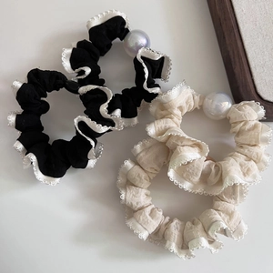 Elegant floral lace elastic hair scrunchies with iridescent pearl accent in black and cream
