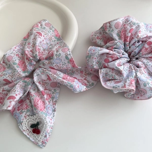 Sweet Floral Fabric Scrunchies With Long Streamer Bow Lace Heart Cherry Rabbit Pattern Fresh Hair Ties For Women Girls