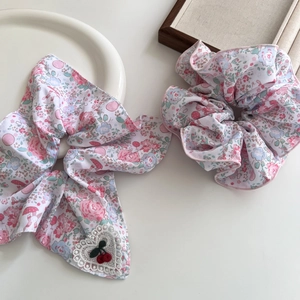 Pink floral scrunchie and ribbon set with cute cherry embroidery and lace heart detail